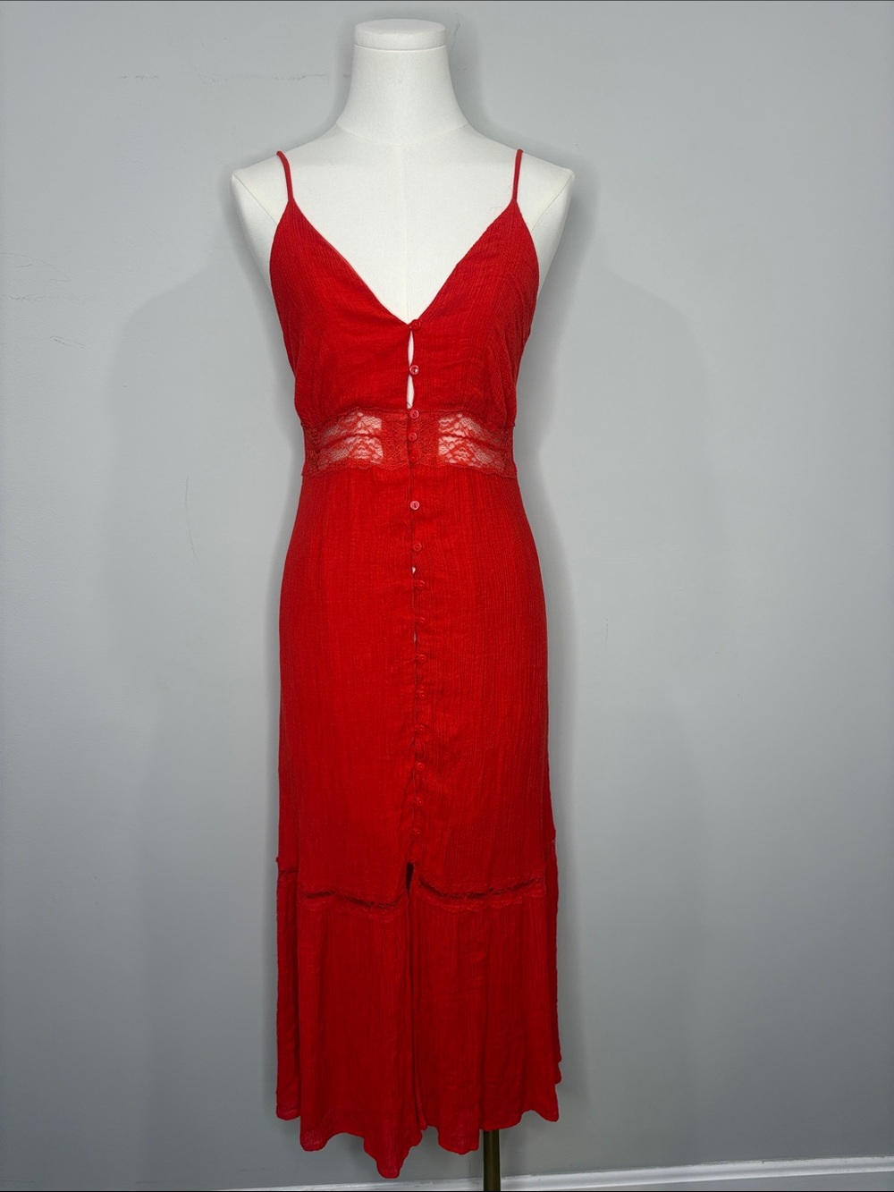 LUSH Orange Spaghetti-Strap Midi Dress with Lace Waist Small
